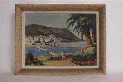 Quadro olio su tela di paesaggio portuale con firma, 66x55
