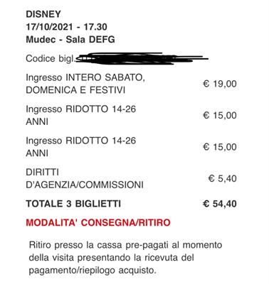 3 biglietti mostra Disney per il 17/10/21 h17:30