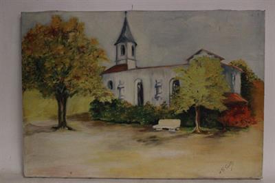 Quadro olio su tela, paesaggio con chiesa, firmato