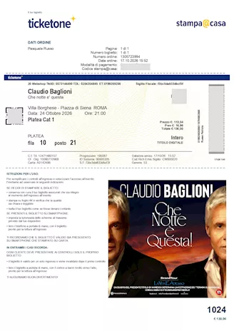 Claudio Baglioni – Roma 24 Ottobre – 2 biglietti in forte