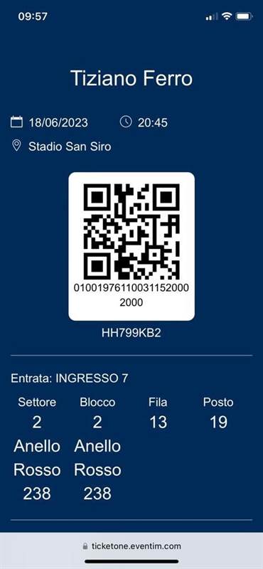 1 biglietto per concerto Tiziano ferro 18/06/2023