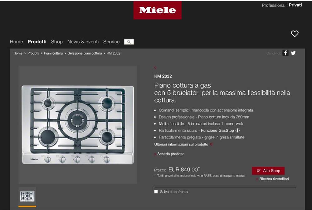 Piano cottura a gas 5 fuochi Miele
