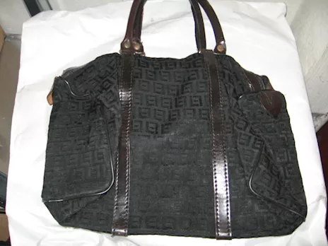 Borsa stoffa nera con manici cuoio