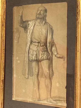 Antico disegno XIX nobile in costume d’ epoca in cornice