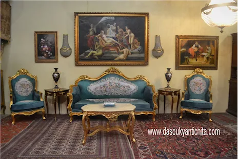 Salotto dorato stile Barocco in tessuto aubusson ottanio