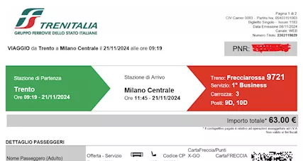 : 2 Biglietti Trento-Milano diretto x il 21/11/2024