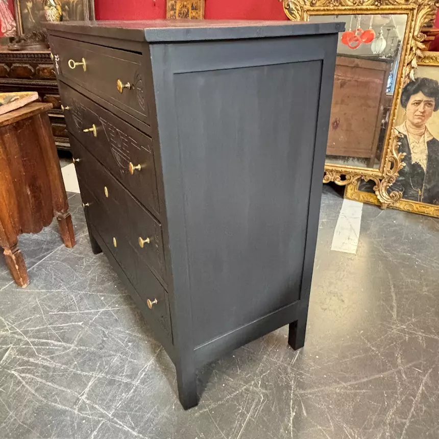 Antica cassettiera Liberty primi XX sec. laccata nera, ottimo stato - Foto 12