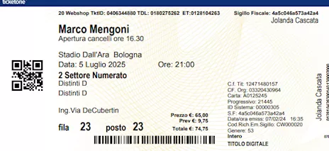 Biglietti Mengoni Bologna 5/07/2025