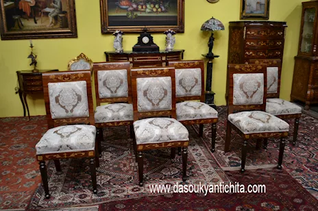 Gruppo di sei sedie intarsiate stile olandese