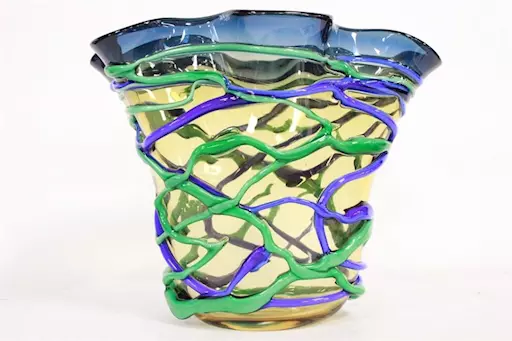 Vaso in vetro di Murano blu e giallo firmato Cammozzo