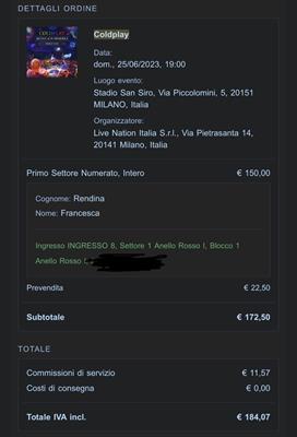1 Biglietto Coldplay 25/06 San Siro