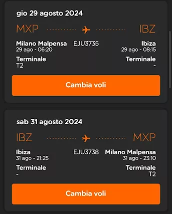 Milano Malpensa - Ibiza EasyJet A/R per 2 persone