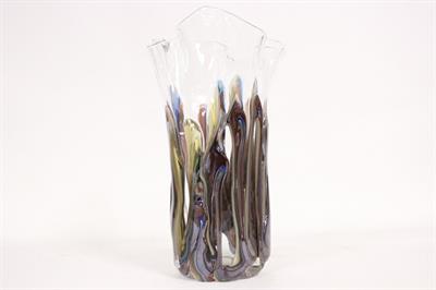 Vaso a fiore con colate blu beige vetro di Murano con firma