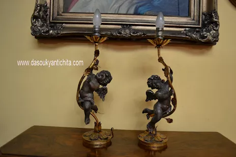 Antica coppia di lampade da tavolo con cherubini metà 900
