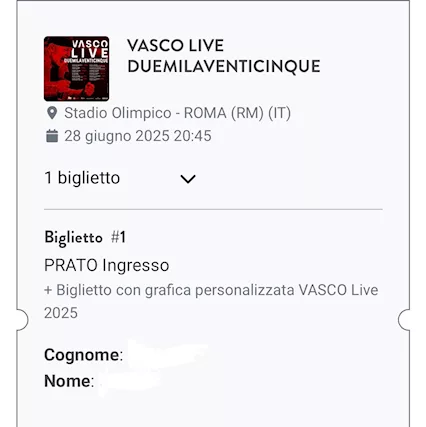 1 Biglietto Vasco Rossi 2025 28/06/2025 Roma PRATO - Foto 2