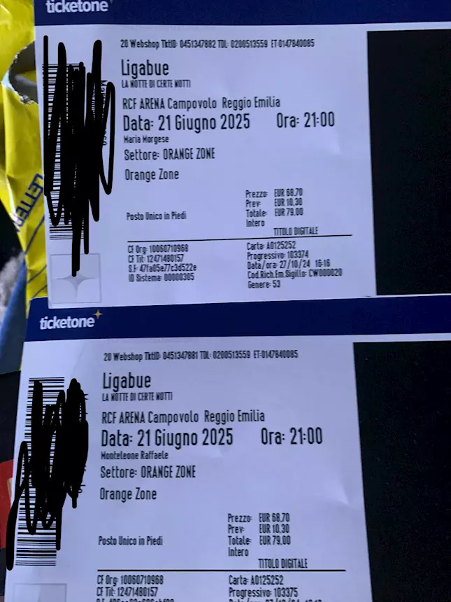 Due biglietti Ligabue orange