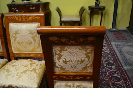 Sei sedie-poltrone stile olandese in tessuto damascato, color oro - Anteprima 6