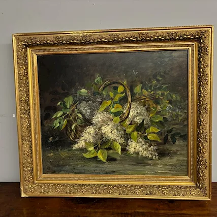 Antica coppia di dipinti olio su tela fiori epoca 1892 - Foto 3