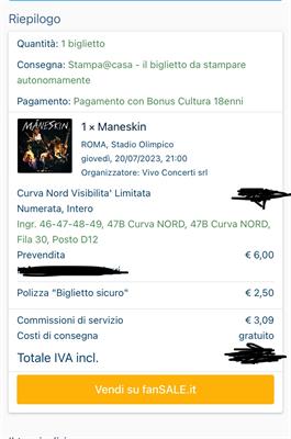 Biglietto concerto Maneskin a Roma 20/07