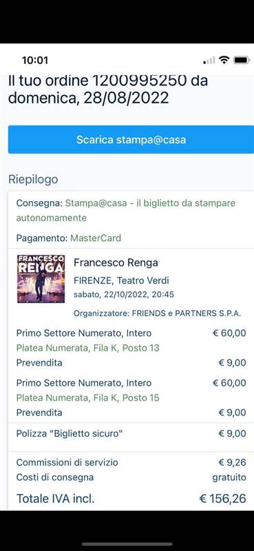 2 biglietti Francesco Renga 22/10