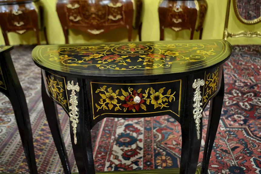 Coppia di tavolini - console ebanizzati mezzo giro, in legno - Foto 6