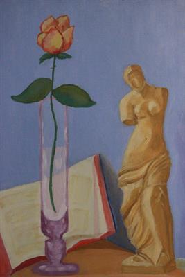 Quadro olio su tela con Vaso, scultura e libro - Foto 2