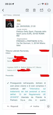 Due biglietti concerto di Olly a Roma