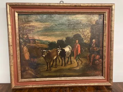 Antico dipinto olio su tela Paesaggio con Buoi epocaXVII