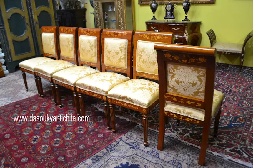 Sei sedie-poltrone stile olandese in tessuto damascato, color oro - Foto 5