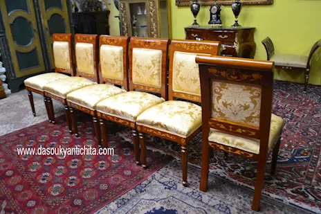 Sei sedie-poltrone stile olandese in tessuto damascato, color oro - Anteprima 5