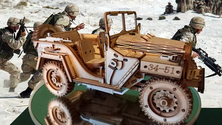 Army Field Car Jeep anni '40 in legno, da tavolo, in 3D, prezzo non trattabile