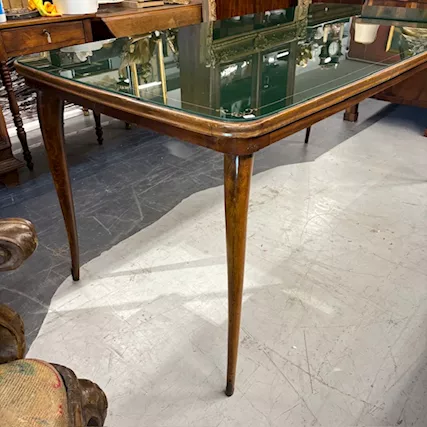 Tavolo modernariato anni 60 con piano in vetro verde dipinto, in legno - Foto 2
