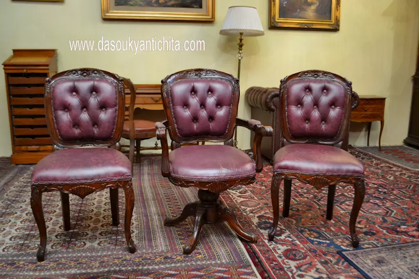 Trittico di poltrone da studio stile inglese Vittoriano, in legno - Foto 1