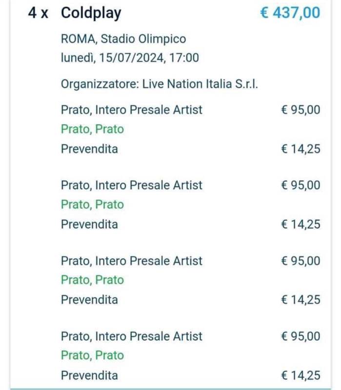 4 biglietti COLDPLAY