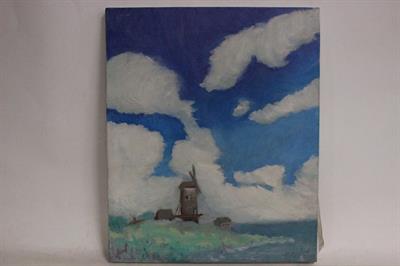 Quadro olio su tela, paesaggio con mulino a vento, firmato
