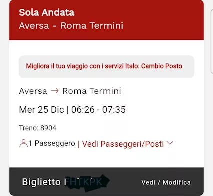 Biglietto Italo Treno da Aversa x Roma Termini del 25/12/24