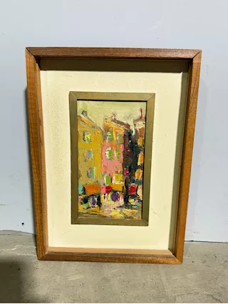 Dipinto scorcio di città, olio su tavola, mis 38x26 cm