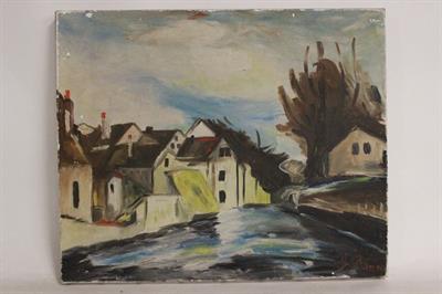 Quadro olio su tela di città con fiume, firmato