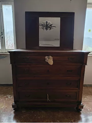 Cassettiera antica in legno massello con specchio