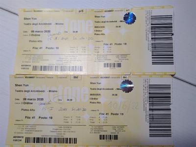 2 Biglietti Shen Yun 10 / 06/ 2022. Arcimboldi, Milano.