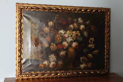 Antico dipinto olio su tela vaso fiori natura morta, in legno - Foto 2