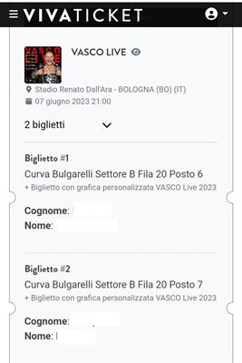2 Biglietti Vasco Rossi 07/06/2023 curva Bulgarelli numerati