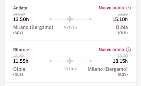 2 biglietti andata/ritorno Orio al Serio/olbia
