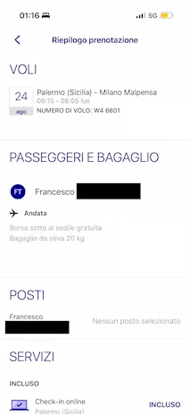 Volo Palermo - Milano Malpensa 24 agosto, stiva 20 kg inclus