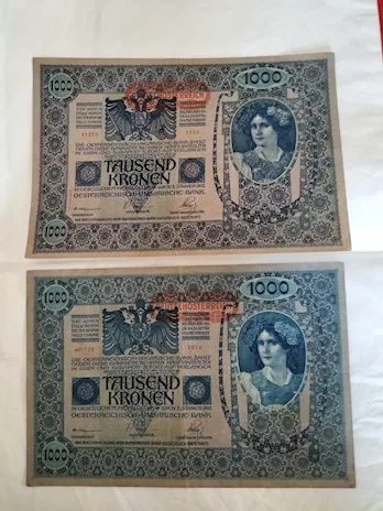 2 banconote 1.000 corone austriache 1902 sovrastampate