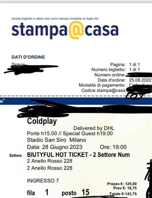 Biglietto VIP Coldplay Milano 28/06