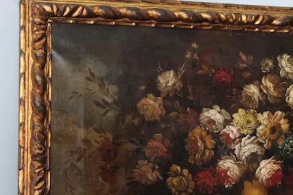 Antico dipinto olio su tela vaso fiori natura morta, in legno - Foto 5