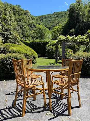 Tavolo rotondo in Vetro, legno bamboo 4 sedie
