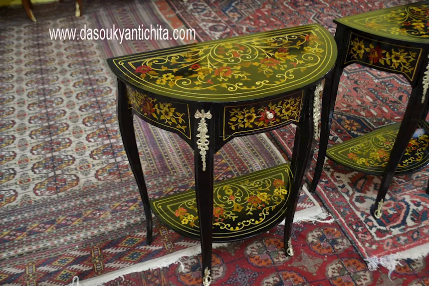 Coppia di tavolini - console ebanizzati mezzo giro, in legno - Foto 8
