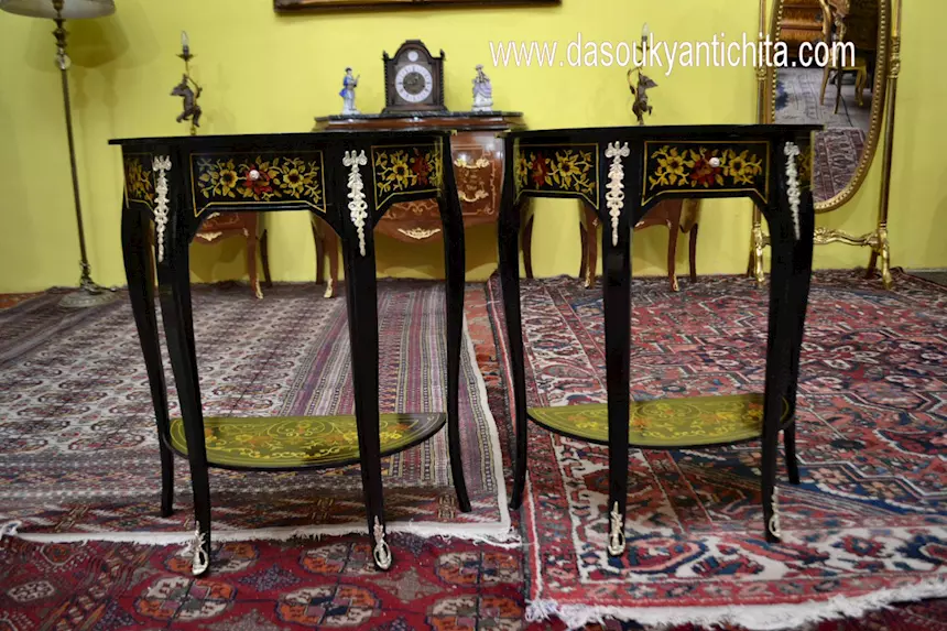 Coppia di tavolini - console ebanizzati mezzo giro, in legno - Foto 2